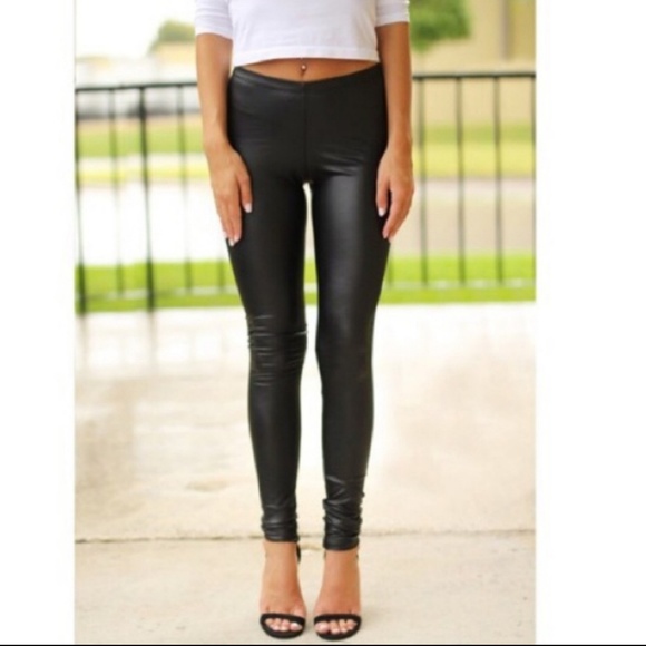 Black Slick Faux Leather Leggings - Picture 2 of 7